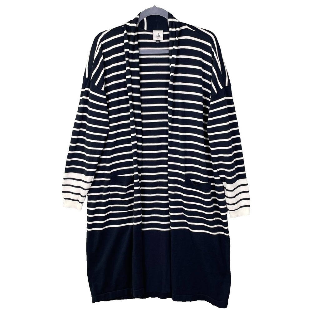 CAbi Boathouse Duster Cardigan Womens Medium navy white striped preppy nautical